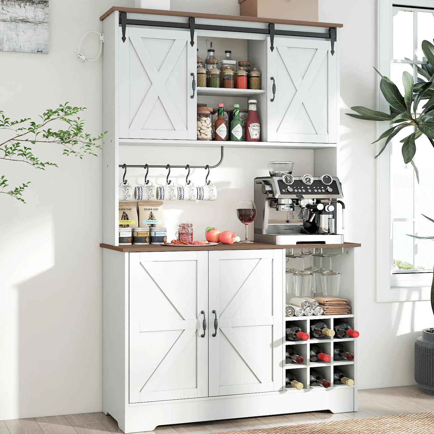 Charge Kitchen Pantry Cabinet With Charging Station and Sliding Doors