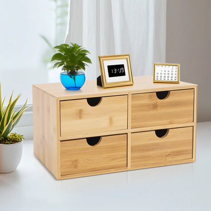 4-Drawer Desktop Organizer Bamboo Tabletop Storage Organization Box Recess Handles Simple Design Home Office Decor