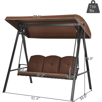 3-Seater Porch Swing, Outdoor Swing with Adjustable Tilt Canopy &amp; Removable Soft Cushions, Powder-Coated Steel Frame Patio Swin