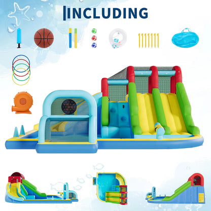 Indoor Outdoor Inflatable Bounce Castle w/3 Water Slides, Oxford Bounce Play Center for Kids Kindergarten Backyard Water  Sports