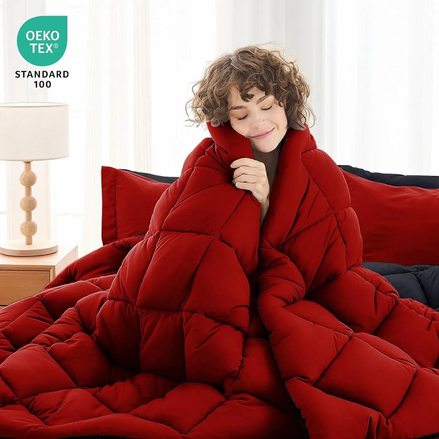 Queen Size Reversible Comforter Set, 7-Piece All Season Bedding with Sheets &amp; Pillowcases in Red &amp; Black