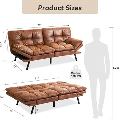 Faux Leather Futon Sofa Bed With Memory Foam Sleeper
