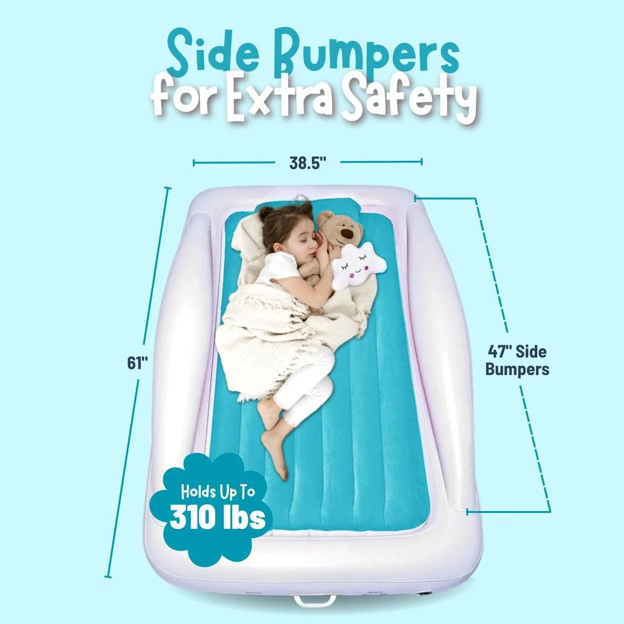 Inflatable Toddler Travel Bed, Electric Pump, Leakproof Air Mattress, Bumpers, Carry Case, Pillow Fits Kids Up to 4ft Blue Porta