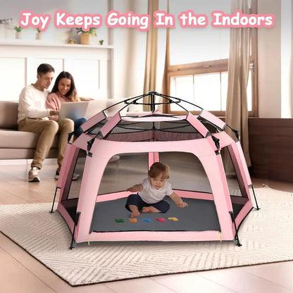 Portable Pink Playpen Tent - Indoor &amp; Outdoor Play Area with Canopy for Beach, Travel, and Toddlers