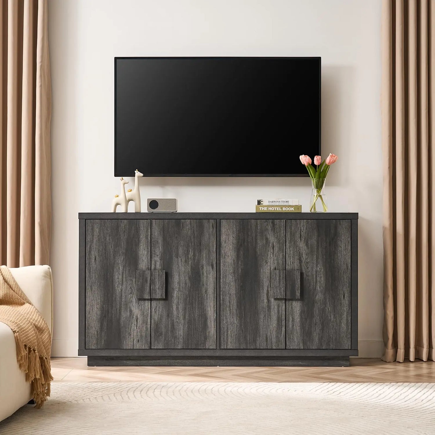 Buffet Cabinet With Storage, 63" Mid-Century Modern Sideboard Cabinet With 4 Doors &amp; Shelves, Kitchen Coffee Bar Credenza