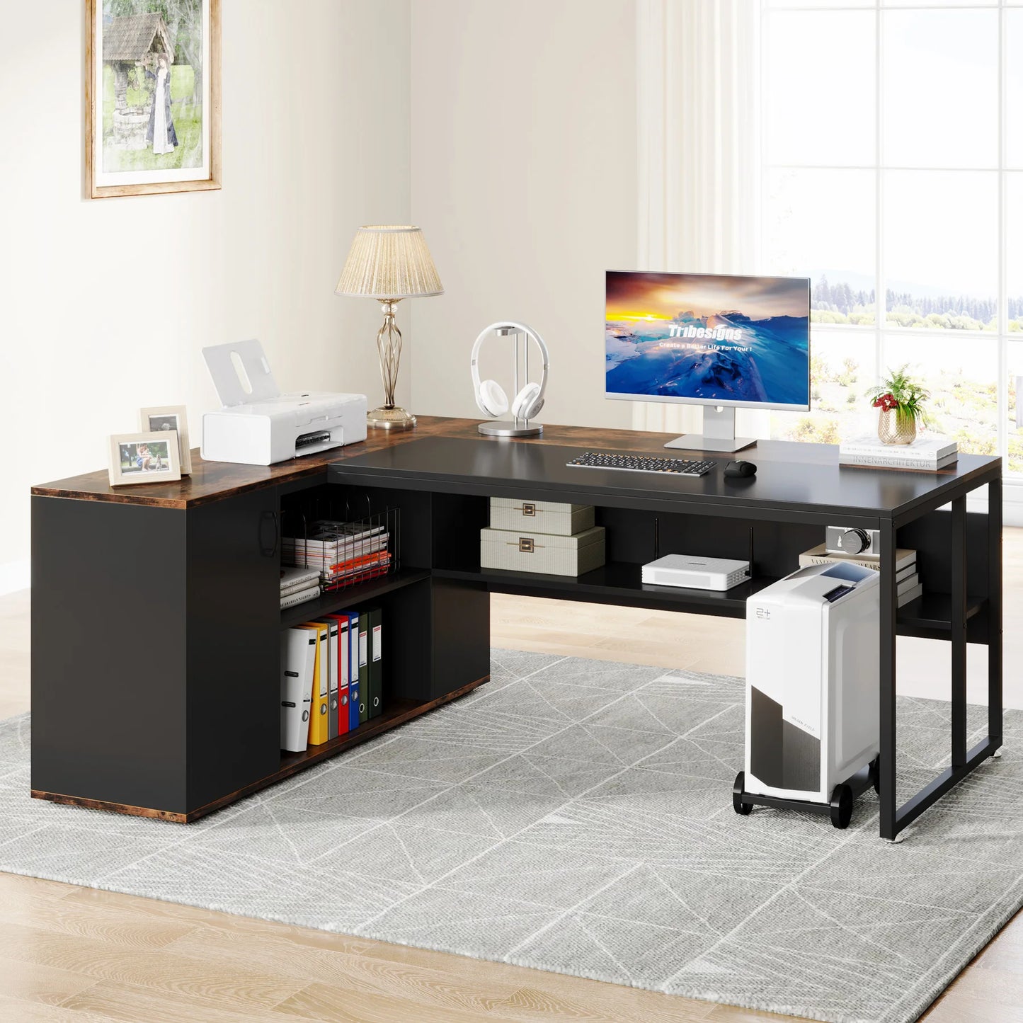Tribesigns L Shaped Executive Desk With Cabinet Storage And Shelves