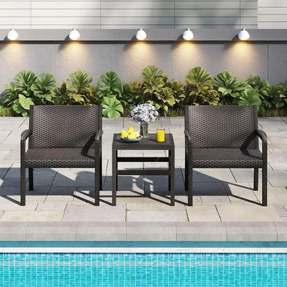 3 Piece Patio Furniture Set, Outdoor PP Rattan Wicker Furniture Set with 2 Modern Rattan Armchair and 25” Squire, Customized