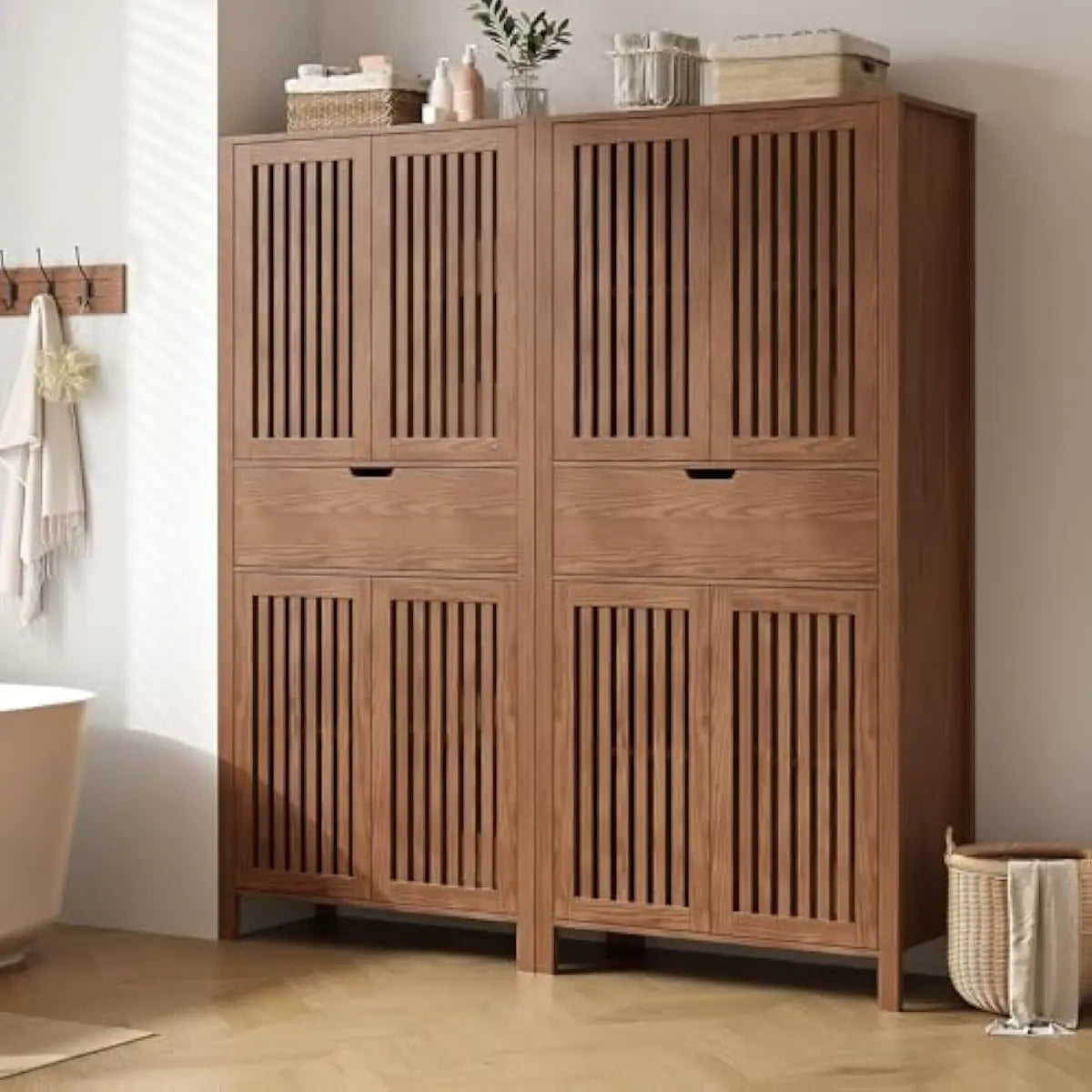 Set of 2 Warm Brown Farmhouse Storage Units – 68.8 Inch Tall with Grille-Front Doors, Adjustable Shelves, Deep Drawer, Elevated