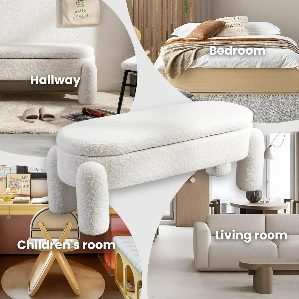 Modern Storage Bench, 44.7 Inch Upholstered Ottoman Bench Sherpa Fabric End of Bed Stool, Cute Entryway Bench for Bedroom Living