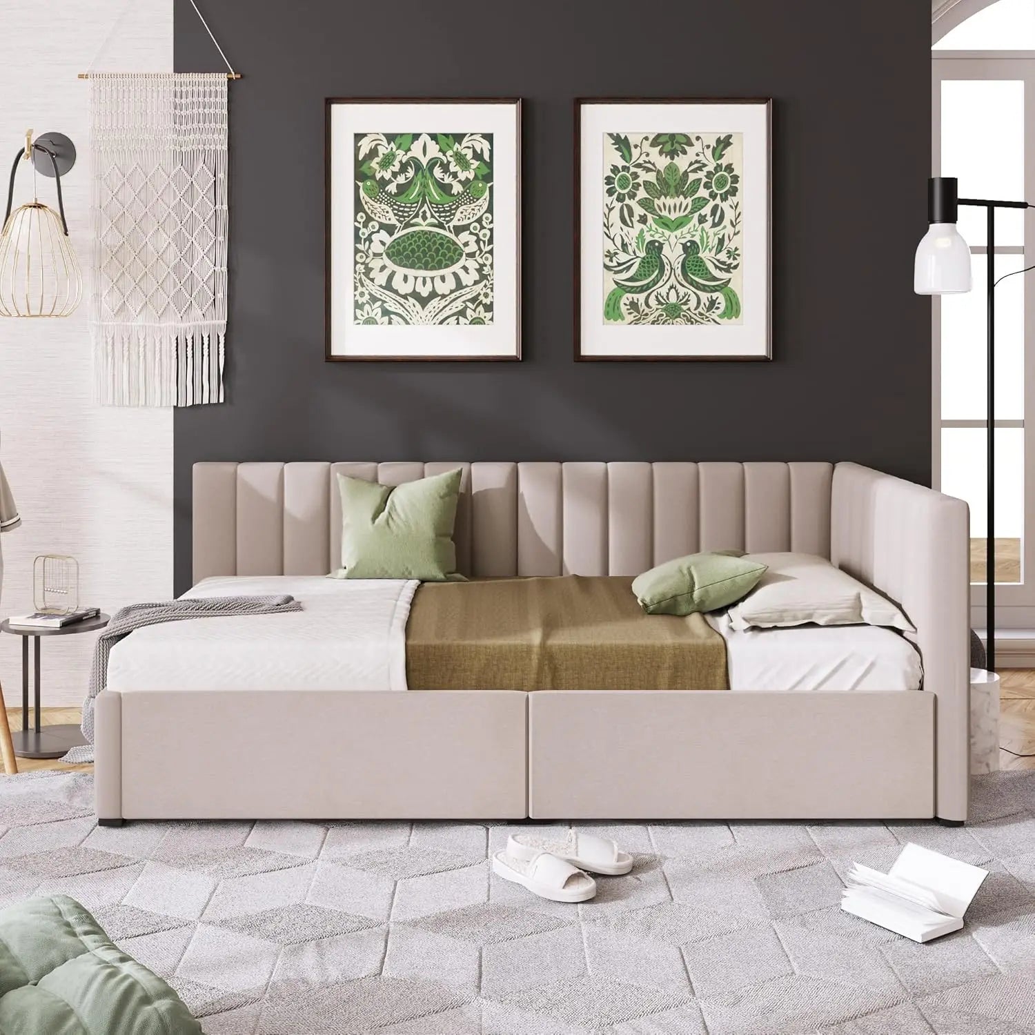 Twin Size Daybed, Upholstered Twin Daybed with 2 Storage Drawers, Linen Fabric Twin Size Sofa Bed Frame, No Box, Customized