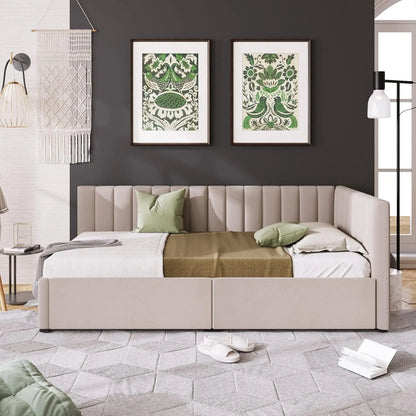 Twin Size Daybed, Upholstered Twin Daybed with 2 Storage Drawers, Linen Fabric Twin Size Sofa Bed Frame, No Box, Customized
