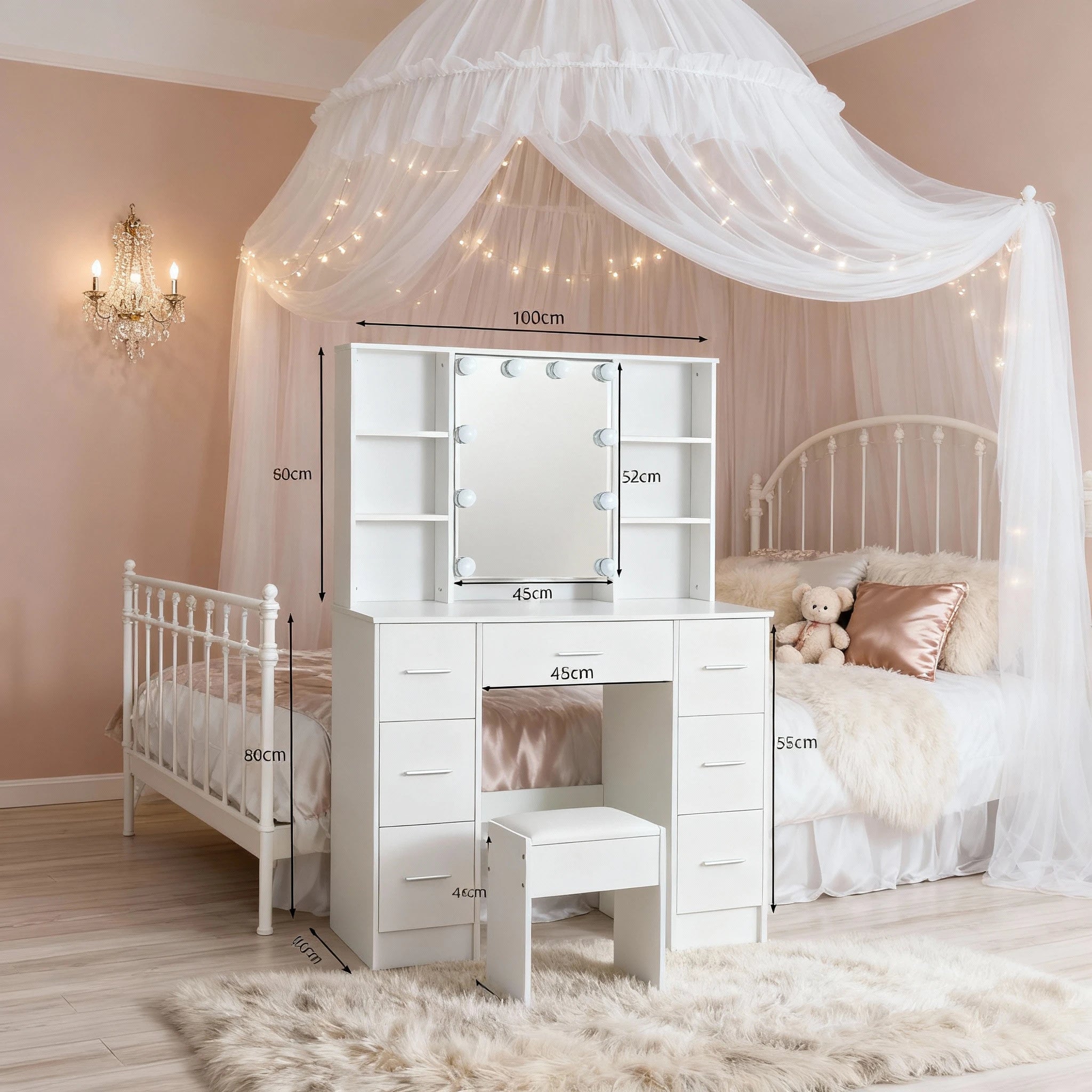 Dressing Table Vanity Makeup Desk With LED Mirror And Stool 7 Drawers &amp; 10 BulS