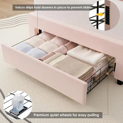 Upholstered LED Bed with Storage, Adjustable Headboard, Solid Wood Slats, No Box Spring Needed, Pink for Girls/Kids
