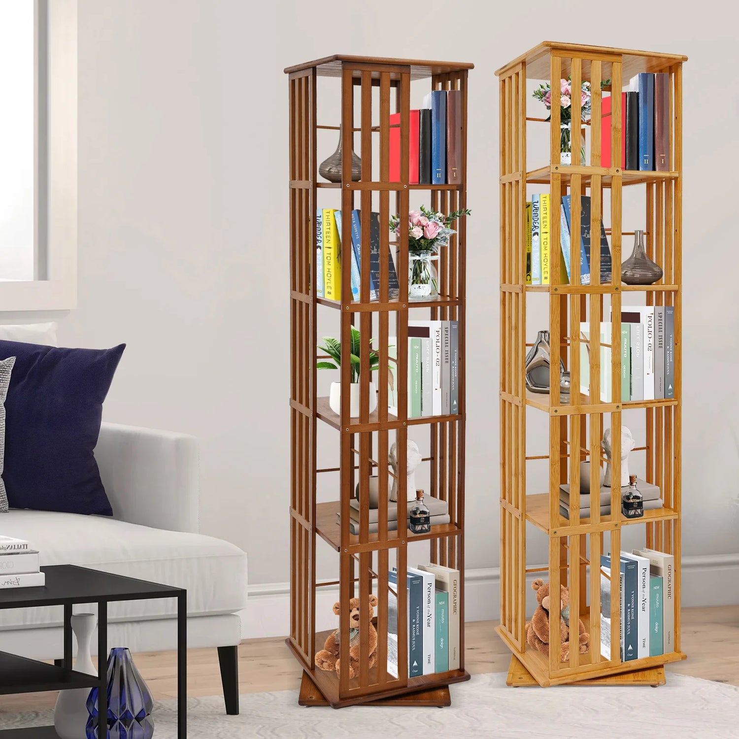 5-Tier Bamboo Rotating Bookcase,Tan/Wood Color Rectangular Rotating Bookshelf Floor-Mounted 37*37*150cm for Study Rooms,Bedrooms