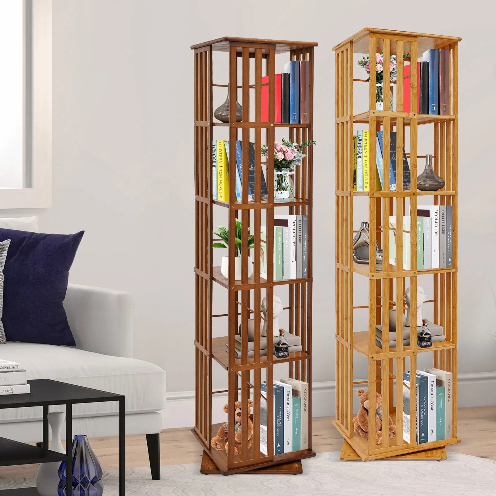 5-Tier Bamboo Rotating Bookcase,Tan/Wood Color Rectangular Rotating Bookshelf Floor-Mounted 37*37*150cm for Study Rooms,Bedrooms