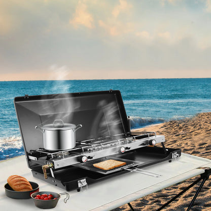 [Outdoor Campfire Grill] 3-Burner Durable Cold-Rolled Steel Grill - Windproof Lid for Camping &amp; Outdoor Cooking