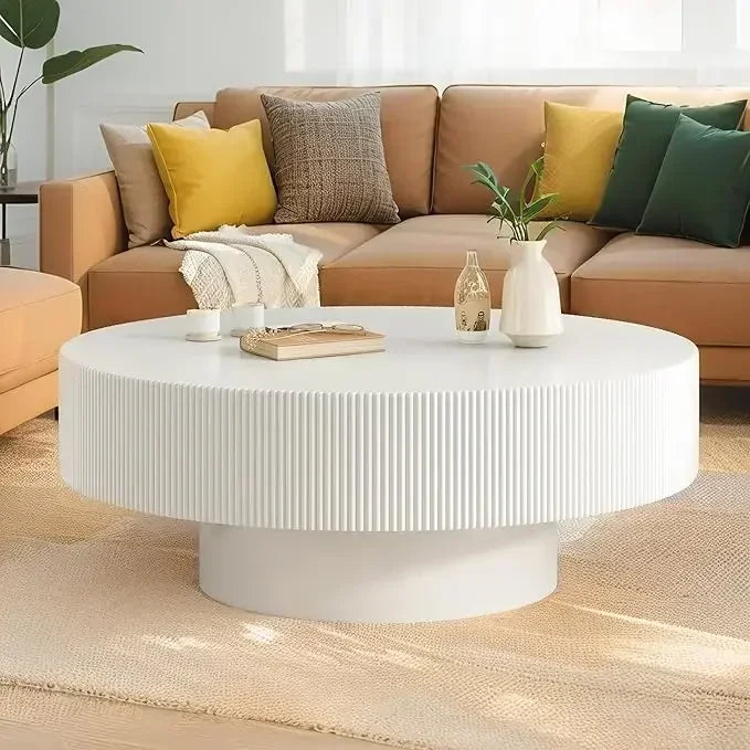 BestsellerRound Coffee Table for Living Room, Modern Wood Drum Center Table, Minimalist Fluted End Table with Sturdy Base, White