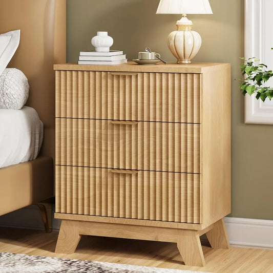 Zhuxiang Fluted Nightstand Modern 3-Drawer Wood Night Table
