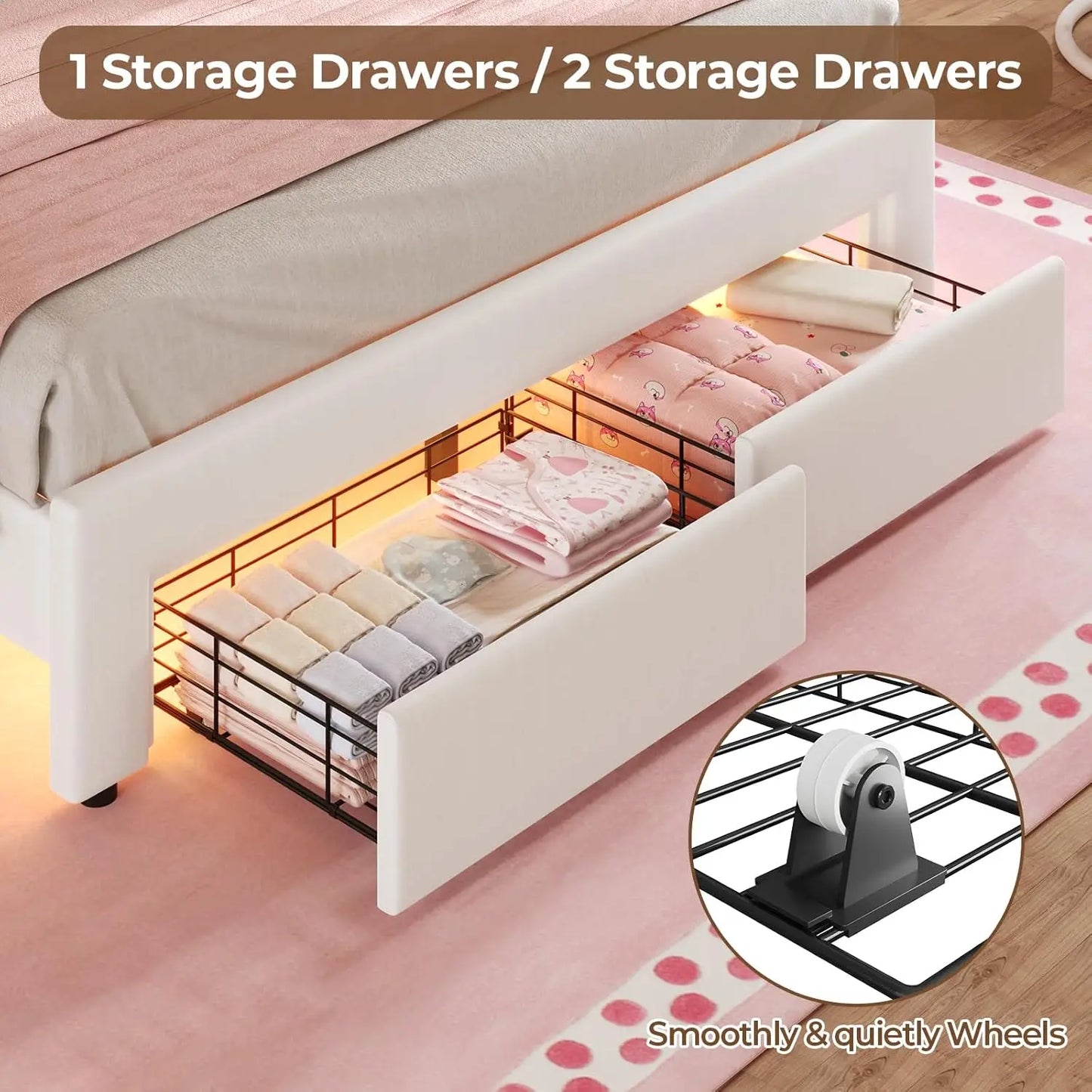 Velvet Bed With LED Lights Adjustable Headboard Storage Drawers