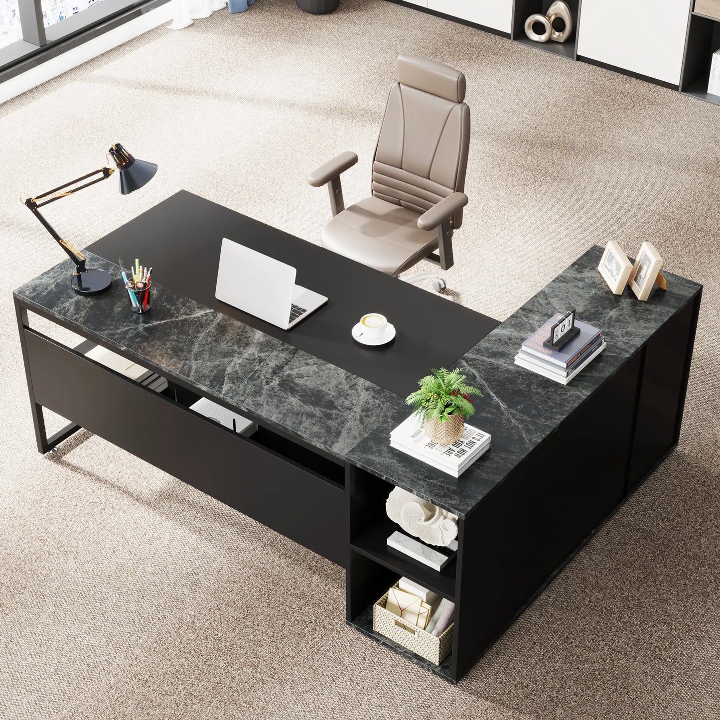 Tribesigns L Shaped Executive Desk With Cabinet Storage And Shelves