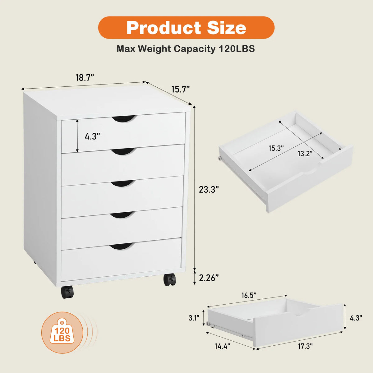 JHK Wood Nightstand Cabinet With Five Drawers And Rolling Wheels