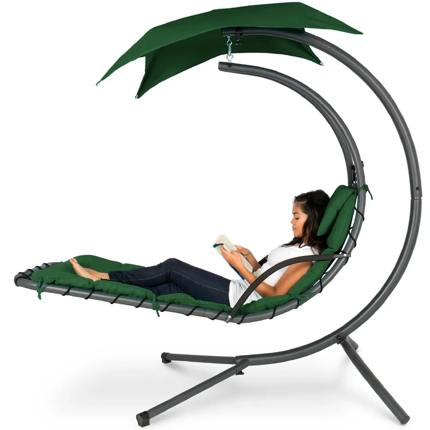 Outdoor Hanging Curved Steel Chaise Lounge Chair Swing w/Built-in Pillow and Removable Canopy - Peacock Blue, Customized
