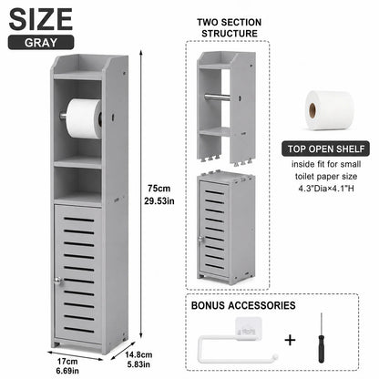 Slim Bathroom Storage Cabinet with Toilet Paper Holder, Narrow PVC Floor Storage Organizer with Shelves and Door, Space-Saving Freestanding Toilet Paper Storage Rack for Small Bathrooms