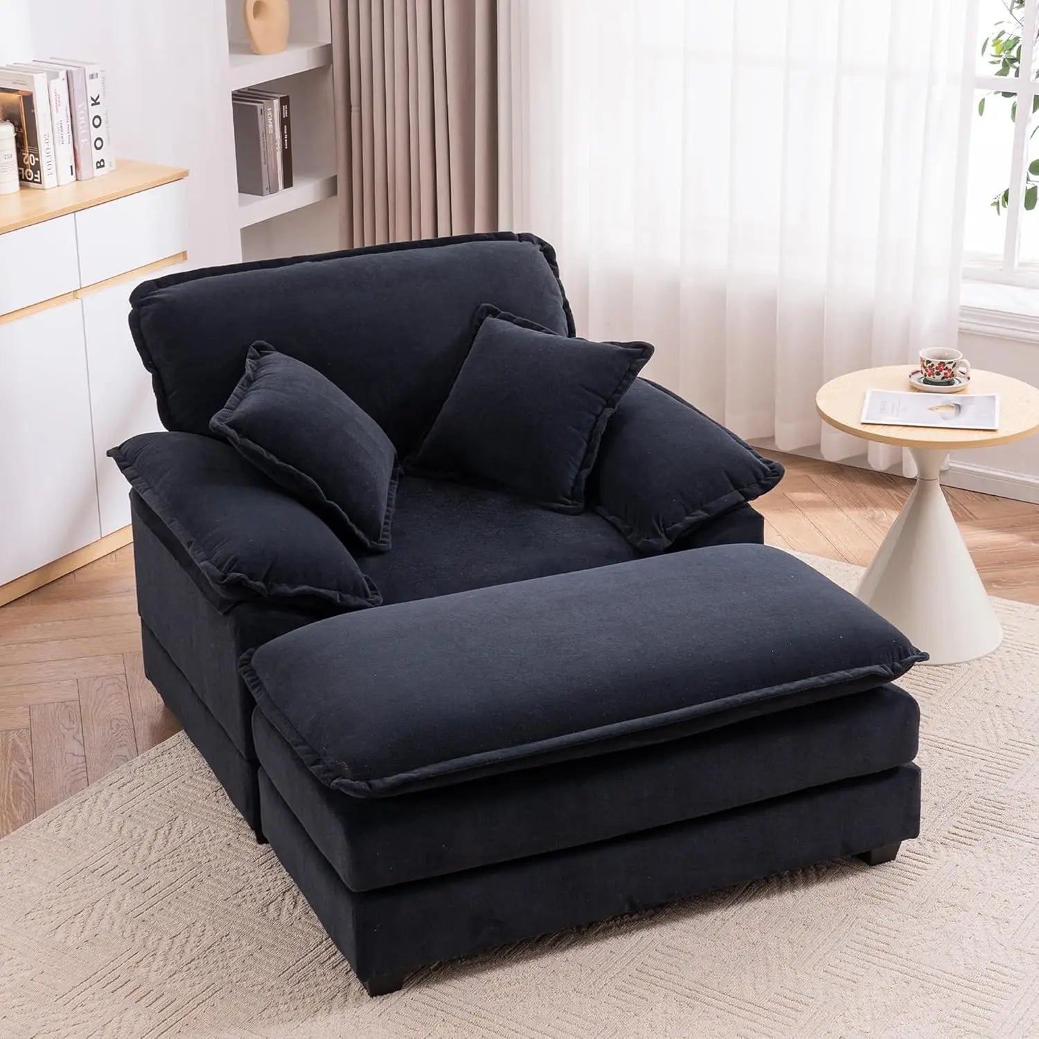 Oversized Chaise Lounge Chair with Ottoman，56.3" Indoor Velvet Deep Seat Reading Chairs,Comfort Accent Leisure Chair Set for Liv