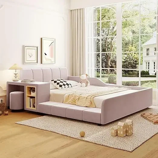 Velvet Upholstered Grounded Bed Platform Bed, Wooden Full Size Mother &amp; Child Bed Frame with Bedside Desk and Little Round Stool
