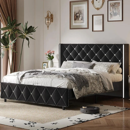 Queen Bed Frame with Headboard, Velvet Upholstered Bed with Wingback and Diamond Tufted Design, Wood Slat Support,, Customized