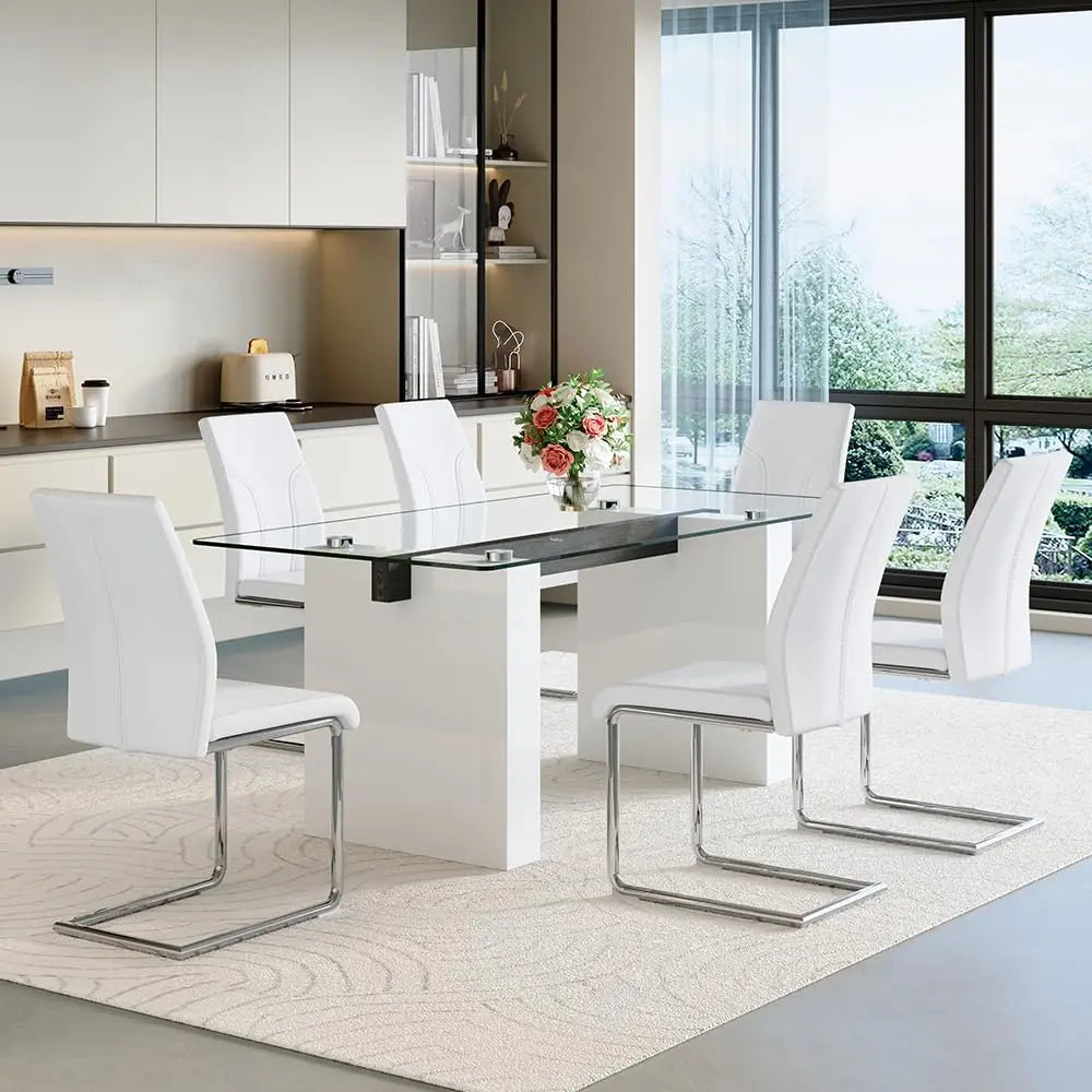 Glass Dining Table Set for 6, Modern Kitchen Table and Chairs for 6,71 in Glass Dining Table with 6 PU Leather, Customized