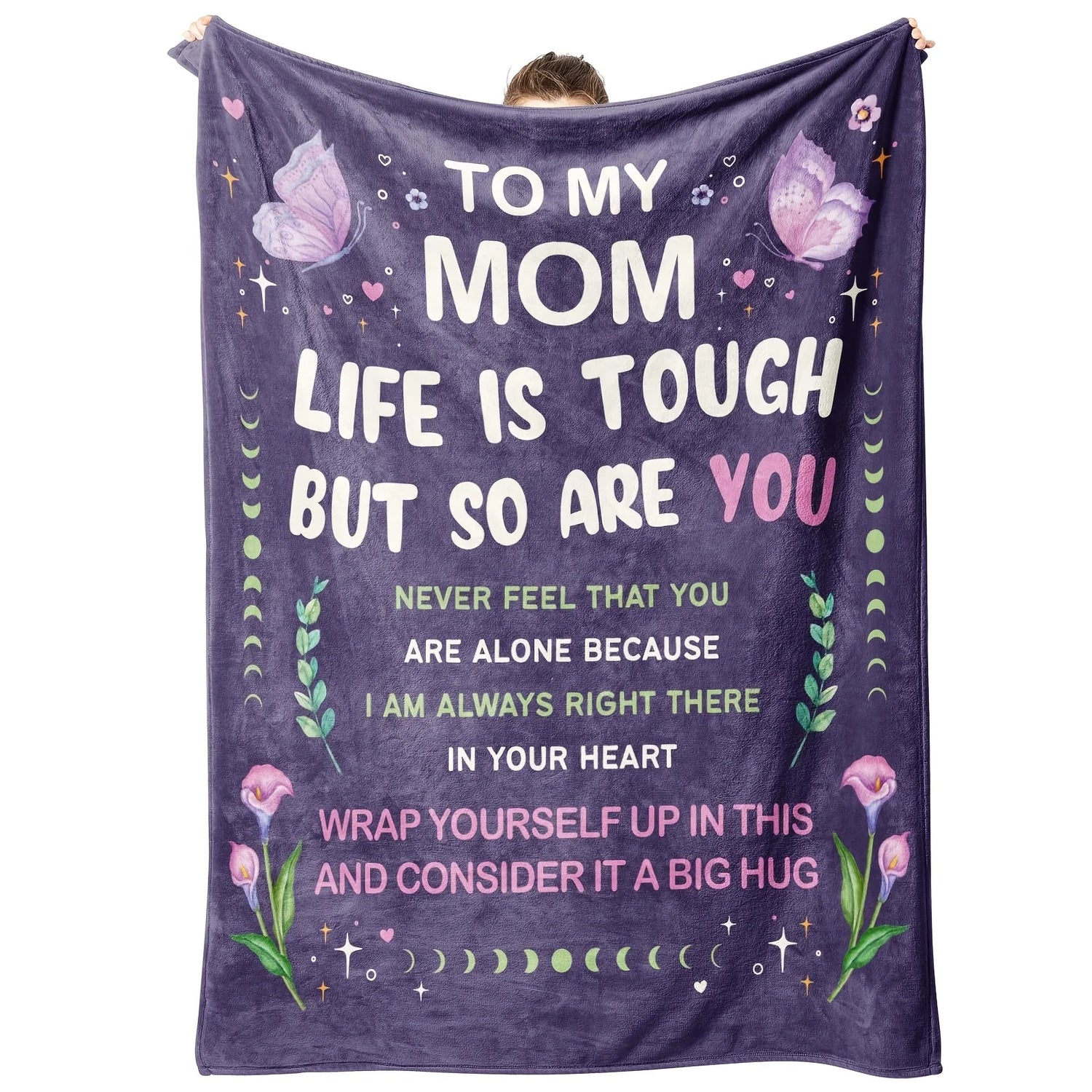 Soft Flannel Cherished Mom Gift Blanket - Versatile Purple Sofa Throw from Daughter or Son | Perfect for Mother&