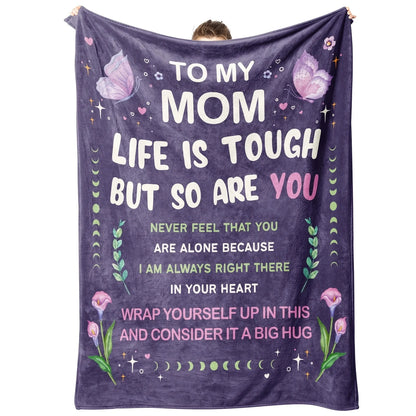 Soft Flannel Cherished Mom Gift Blanket - Versatile Purple Sofa Throw from Daughter or Son | Perfect for Mother&