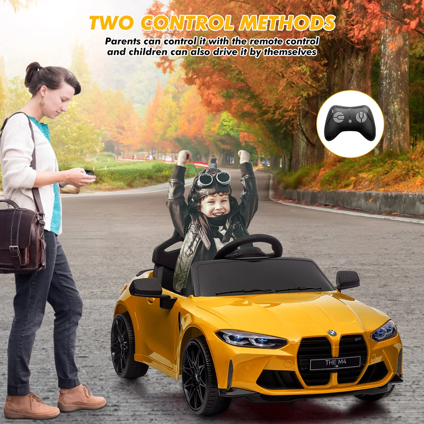 12V Electric Ride On Car w/RC,Licensed by BMW M4 Toddler Toy Vehicle for Kid with Suspension System,3 Speeds,Bluetooth,LED Light