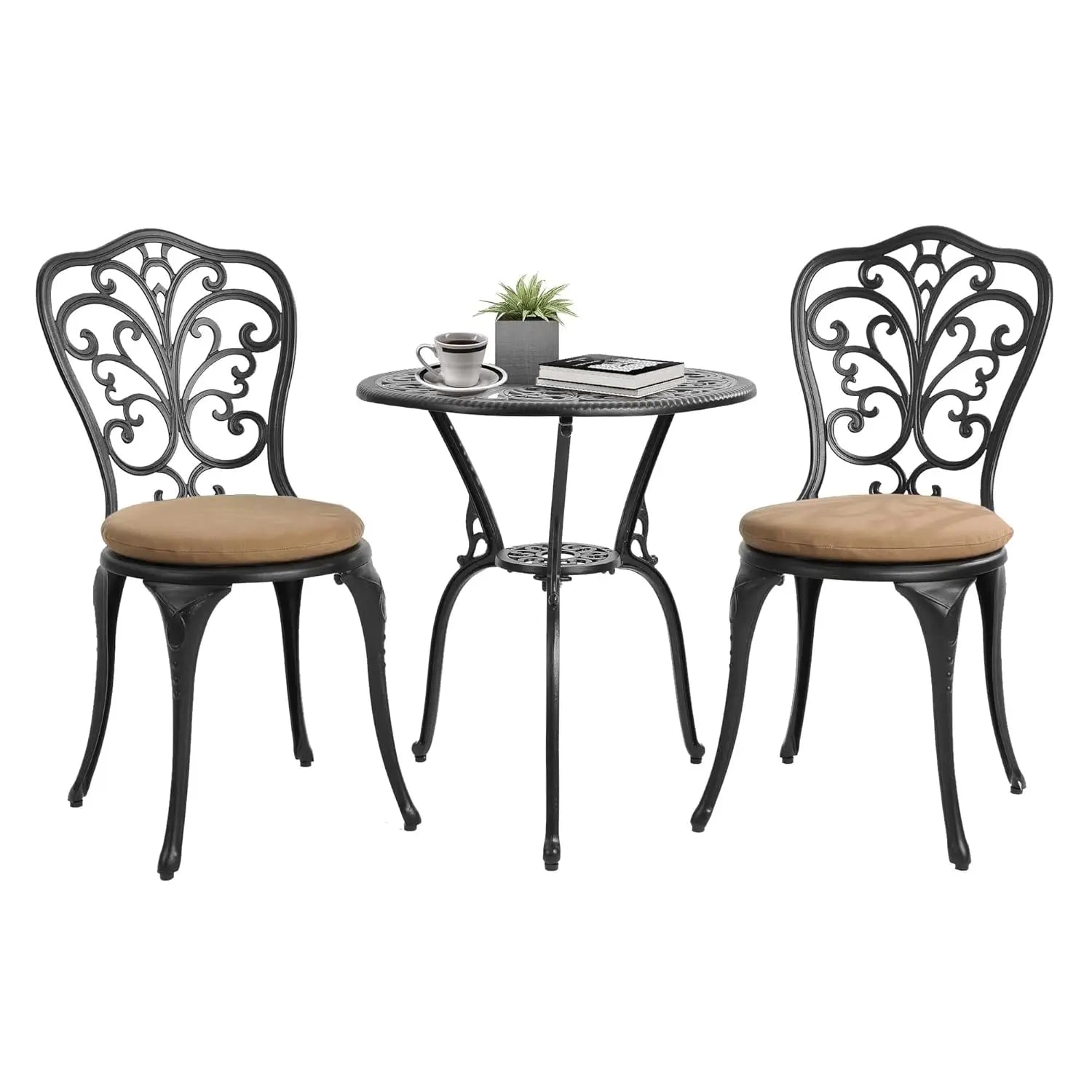 3pc Cast Aluminum Bistro Set, Rose Pattern Outdoor Garden Balcony, Rust &amp; All-Weather Resistant, White, Customized