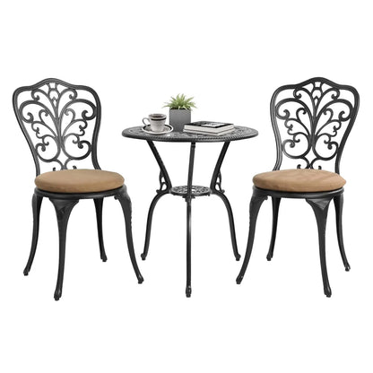3pc Cast Aluminum Bistro Set, Rose Pattern Outdoor Garden Balcony, Rust &amp; All-Weather Resistant, White, Customized