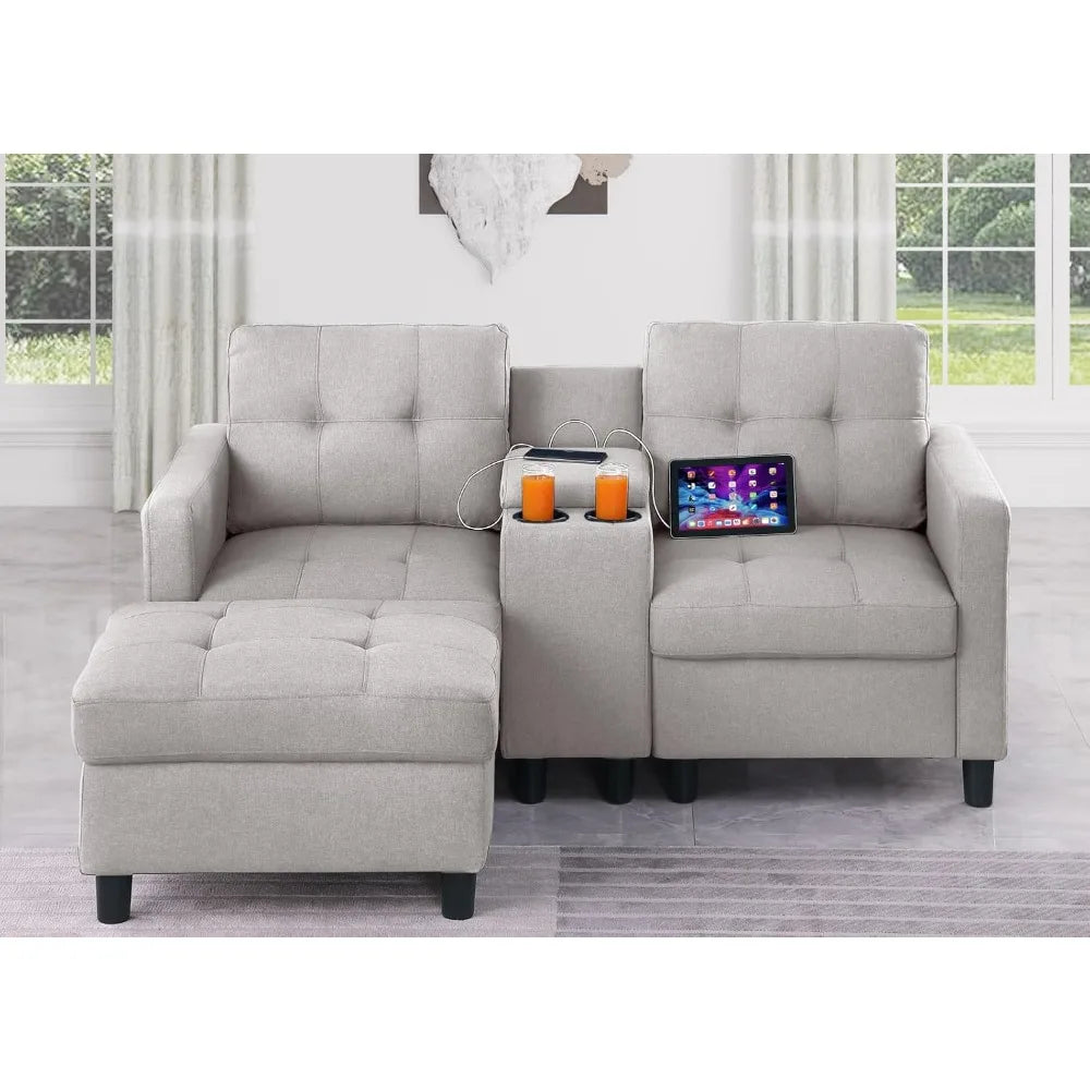 Love Seat Sofa with Ottoman and Storage Console, 2 Seater Couch for Bedroom, Small Modular Sectional Couch Home Theat