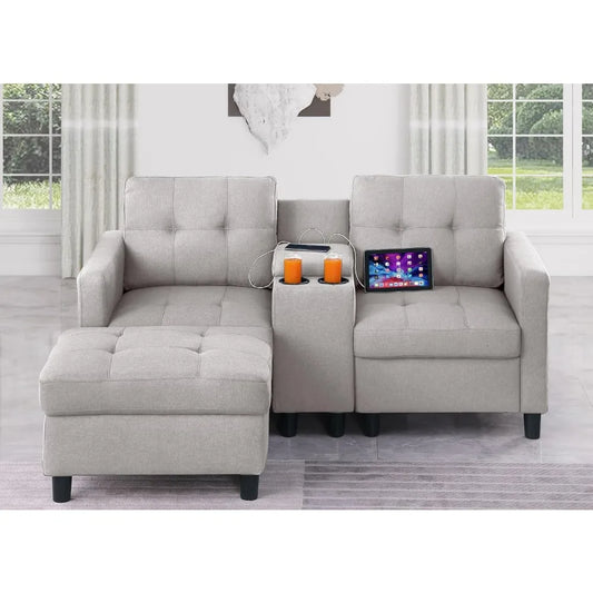 Love Seat Sofa with Ottoman and Storage Console, 2 Seater Couch for Bedroom, Small Modular Sectional Couch Home Theat