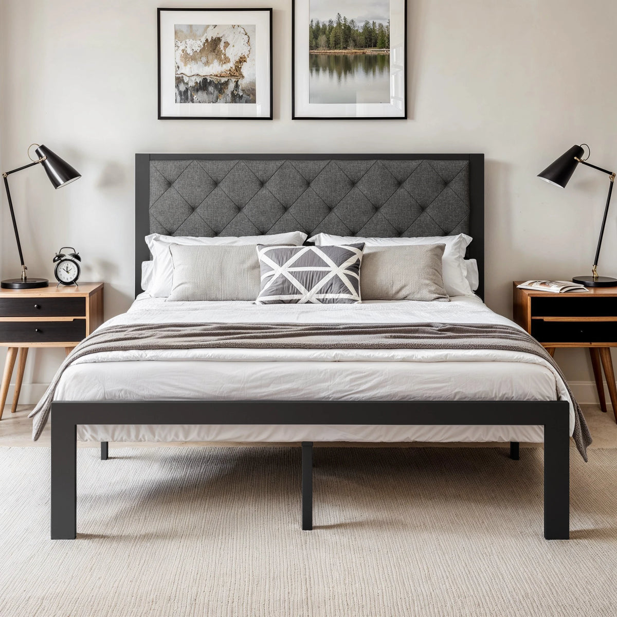 HOOMIC Metal Bed Frame Upholstered Headboard No Box Spring Needed