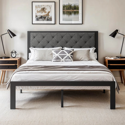 HOOMIC Metal Bed Frame Upholstered Headboard No Box Spring Needed