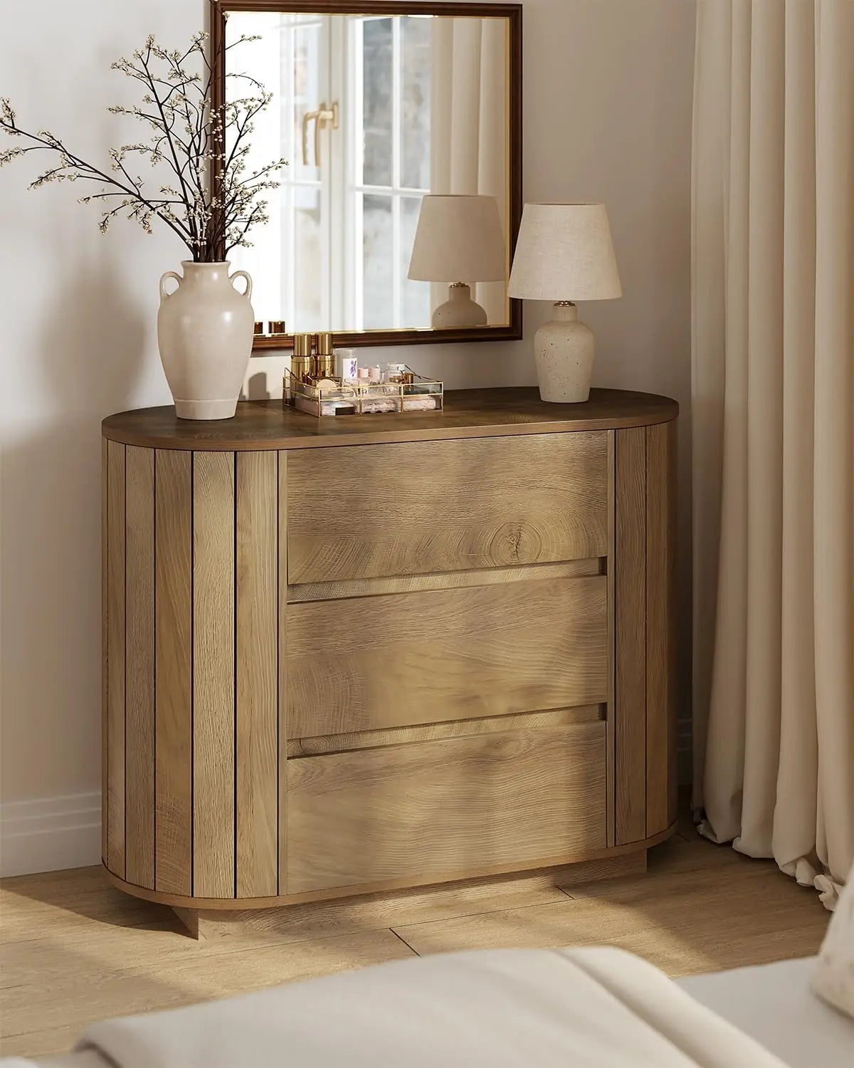 Novilla Oak Nightstand Set With Slatted Sides And Three Drawers