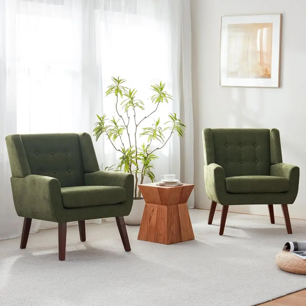 Button Tufted Accent Chair Set of Two with Wooden Legs