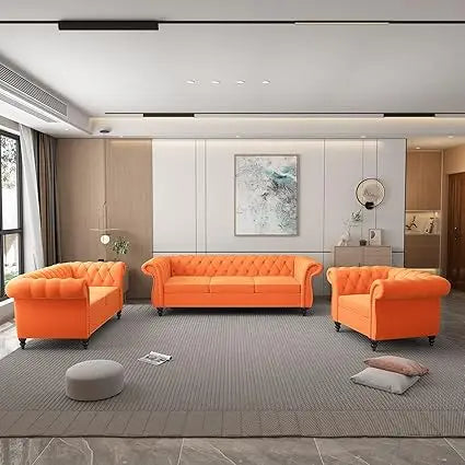 3 Piece Living Room Set, Velvet Chesterfield Sofa Loveseat Couch Chair with Scroll Arms and Nailhead for Living Room, Office (Bl