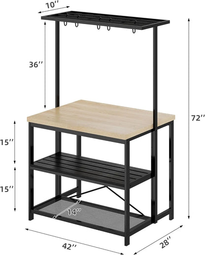 Kitchen Island with Storage, Bakers Rack with Power Outlet, Island Table for Kitchen,3 Tier Microwave Stand Oven Shelf Bar Table