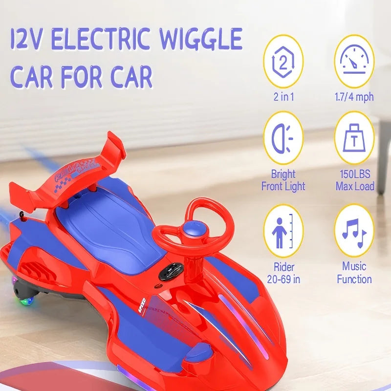 【Akeleo】12V Electric Wiggle Car with Pedal, 2 in 1 Wiggle Car Ride On Toys for Kids Ages 3 and Up, Anti-Rollover Flashing Wheels