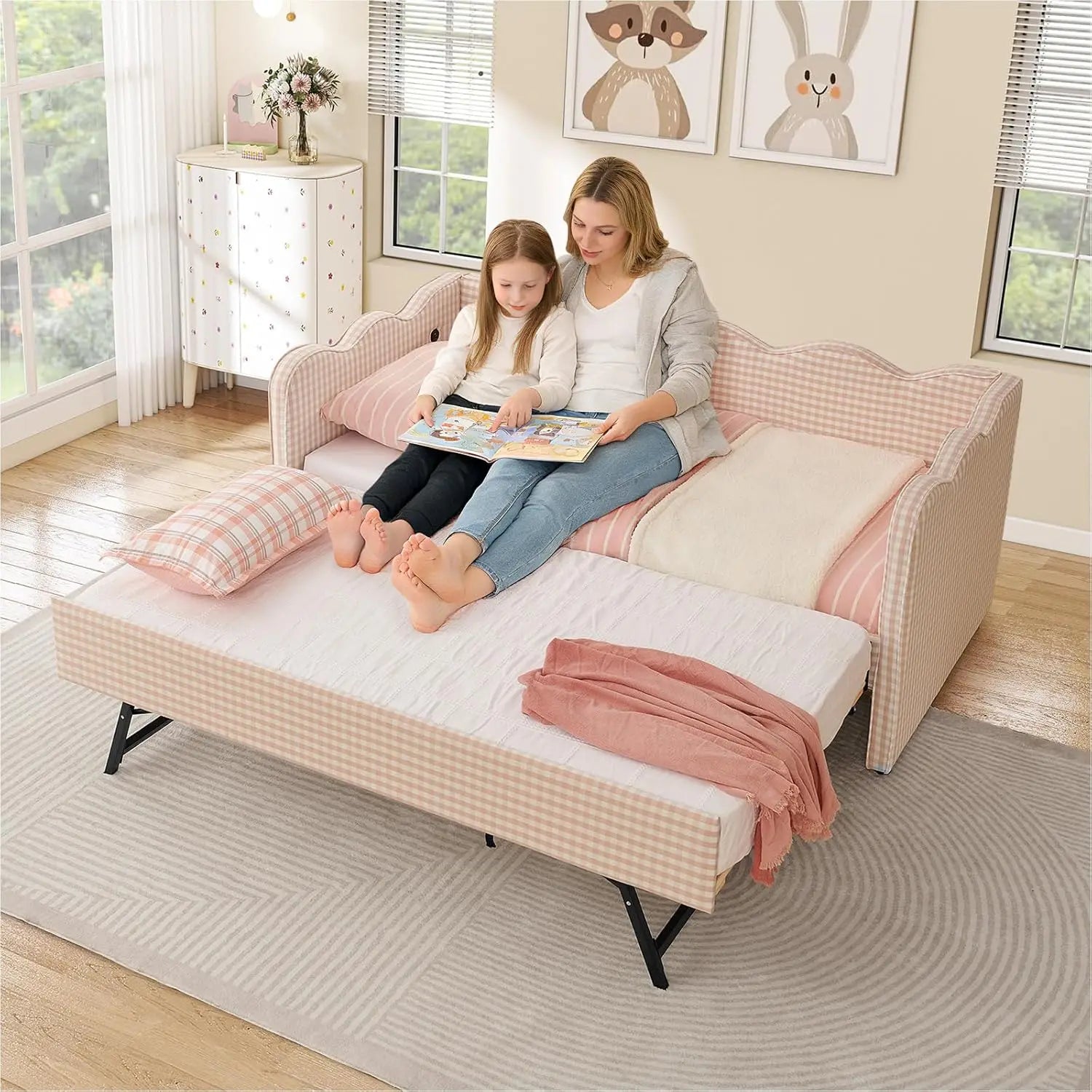 Twin Daybed Pop Up Trundle Linen Upholstered Convertible Sofa Bed Guest Room No Box Spring Customized