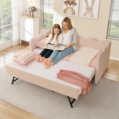 Twin Daybed Pop Up Trundle Linen Upholstered Convertible Sofa Bed Guest Room No Box Spring Customized