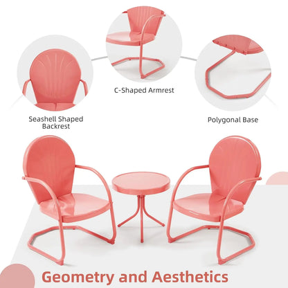 Patio Bistro Set Retro Metal Outdoor Seating Conversation 3 Pieces, 2 C-Spring Motion Armchairs and Round Side Table, for Porch,