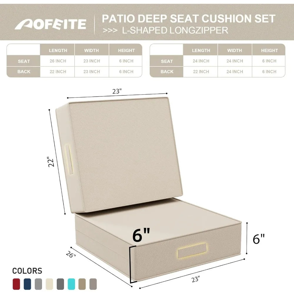 Weatherproof Olefin Deep Seat Cushions for Outdoor Patio Chairs, Set of 2, 23x26x6 Inches