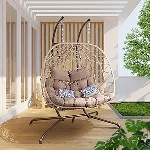 Outdoor Egg Swing Chair with Stand, 2 Person Patio Swing Chairs with Thick Cushions and Pillows, Wicker Double Egg Chair Swing